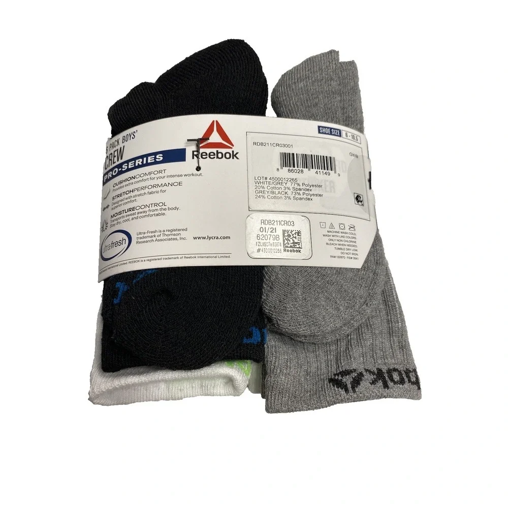 reebok boys crew socks 6 pairs size‎ small shoe 6-10.5